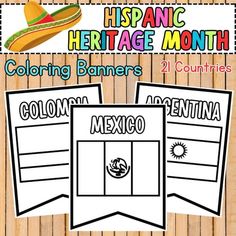 three mexican heritage month coloring pages with the text,'mexico heritage month coloring banners 2 countries