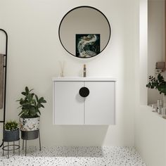 a bathroom with a mirror, plant and potted plants on the floor in front of it