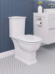 a white toilet sitting in a bathroom next to a sink and vanity with blue walls