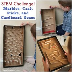 there is a collage of pictures showing how to make marbles, craft sticks and cardboard boxes