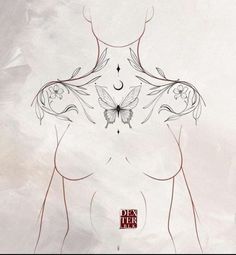 a drawing of a woman's chest with butterflies on it