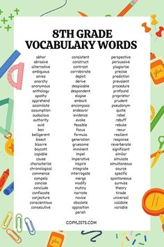 A list of words for 8th graders. The background is full of cartoon school supplies. The link leads to a list that is readable by screen readers. 8th Grade Spelling Words, 8th Grade English, Spelling Words List, Misspelled Words, Teaching Spelling, New Vocabulary Words, 8th Grade Ela