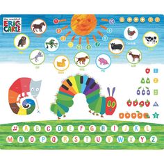 the very hungry caterpillar poster is shown with numbers and animals on it's side