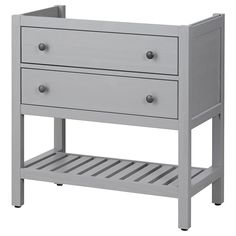 a gray wooden baby changing table with two drawers on the bottom and one drawer open