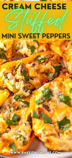 Close up image of the baked sweet peppers topped with cheesy filling and sprinkled with chopped parsley. Mini Pepper Recipes, Cream Cheese Stuffed Mini Peppers, Cheese Stuffed Mini Peppers, Cabbage Soup Diet Recipe, Mini Sweet Peppers, Cabbage Soup Diet, Crowd Pleasing Appetizers