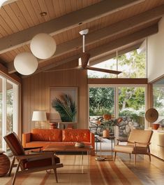 a living room filled with lots of furniture and large windows covered in wooden planks