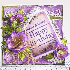 a birthday card with purple flowers on it