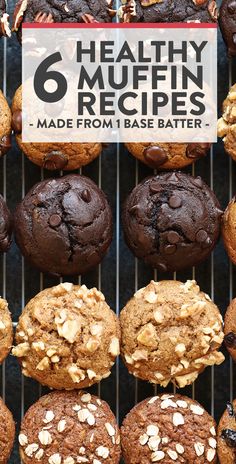 chocolate cookies and muffins on a rack with the title overlay reads 6 healthy muffin recipes made from 1 base batter