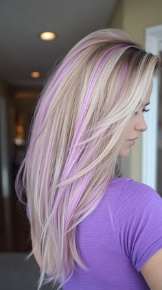 Hair Ideas Blonde Highlights With Purple Lowlights, Blonde With Streaks Of Color, Very Dimensional Blonde, Blonde Hair With Pink Highlights Summer, Peekaboo Hair Color For Blondes, Blonde Hair With Coloured Highlights, Blonde With Vivid Color, Color Ends Of Hair, Purple Underneath Hair Blonde