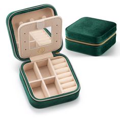 PRICES MAY VARY. ✔️. Luxurious Velvet -- This mini jewelry box is made by high-quality velvet, which bring a soft and luxurious feeling. The soft lining helps to protect your Jewelries from scratch and damage, It is classic and fashionable with high-quality golden zipper. ✈️. Easy to Carry -- This mini travel jewelry box can keep and organize your favorite jewelry when you go outside or travel. This Small Jewelry Box looks small and mini but has plenty of space(4.06*4.06*1.97 inch / 10.3*10.3*5. Jewelry Travel Case, Necklace Hooks, Mini Jewelry, Travel Jewelry Organizer, Jewelry Travel, Travel Jewelry Box, Green Mirrors, Velvet Jewelry, Travel Jewelry Case