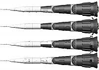 four different types of rockets are shown in black and white