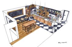 an artist's rendering of a kitchen with checkered flooring and counter tops