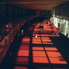 the sun is shining through the windows in an empty building with red carpeted flooring