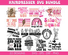 the hairdresser svg bundle is shown in pink and black, with different designs