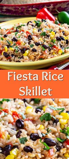 mexican rice skillet with black beans, corn and peppers in it on a yellow plate