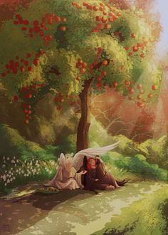 two people sitting under an apple tree on the ground in front of a forest with lots of red apples