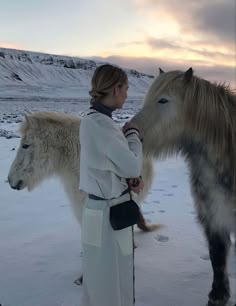 a woman standing next to two horses in the snow