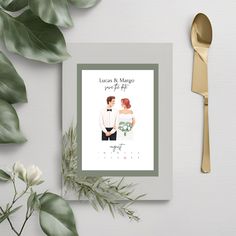 a wedding card with an image of a bride and groom on it next to silverware