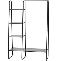 a black metal shelf with three shelves on one side and an empty shelf on the other