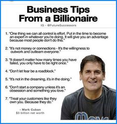 a man is smiling for the camera in front of a business card that says, business tips from a billionaire