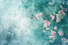 pink flowers are blooming on a blue and green background with watercolor paint effects