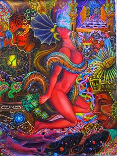 a painting with an image of a woman surrounded by other things