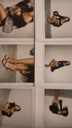 four different pictures of women in high heels and one has her legs spread out to the side