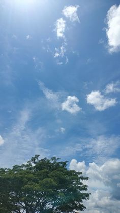 the sun shines brightly in front of some trees on a clear day with blue sky and clouds