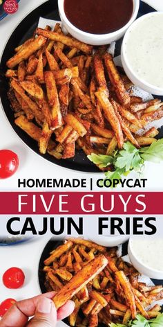 homemade copycat five guys cajun fries with dipping sauce and tomatoes on the side