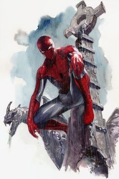 a drawing of a spider man sitting on top of a building with his hands in his pockets