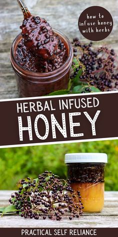 homemade elderberry infused honey in a mason jar next to fresh elderberries. Herbal Food Recipes, Elderberry Honey Recipe, Diy Flavored Honey, Infusing Honey With Herbs, Infusing Honey, Infused Honey Recipes, Mint Infused Honey