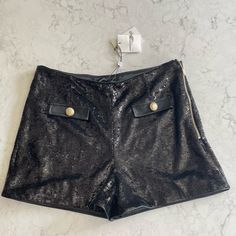 Shimmery High Waisted Sequin Shorts With Vegan Leather Faux Pockets. Fully Lined. Black In Color With Gold Statement Buttons. 95% Polyester And 5% Spandex Size 8 Waist 15.5” Rise 3” New With Tags! Retail $215 Love Shorts, White Lace Shorts, Embellished Shorts, Eyelet Shorts, Satin Shorts, Sequin Shorts, Love Black, Jeans For Short Women, Black Denim Jeans