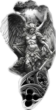 an angel tattoo design on the back of a man's arm, with black and white ink