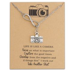 PRICES MAY VARY. Photographer Gift - Life is like a camera Focus on what is Important Capture the Good Times Develop from the Negative And if things don’t work out Take Another Shot. Stainless steel Y necklace length: 12.7"(32.5cm) It is easy to adjust based on neck size to get a comfortable wearing experience. Pendant- Alloy. It is lead free and nickel free, hypo allergenic, it doesn’t rust, change colour or tarnish. Graduation gifts, Travel gifts, Friendship gifts, Mother's Day gifts, coworker Wedding Photographer Gift, Life Is Like A Camera, Thank You Baskets, Wedding Camera, Gift Photography, Gifts Photography, Teachers Day Gifts, Photographer Gifts, Photography Gifts