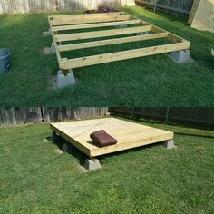 a wooden platform sitting on top of a lush green field next to a backyard fire pit