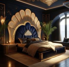 Timeless elegance in the design of a contemporary Art Deco bedroom Art Deco Bedroom Decor, Art Deco Bedrooms, Royal Bedroom Design, Beautiful Bed Designs, Art Deco Style Interior, Art Deco Room, Art Deco Apartment, Contemporary Art Deco