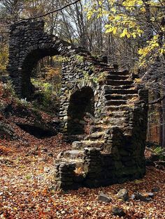 an old stone building in the woods with leaves on the ground and trees around it