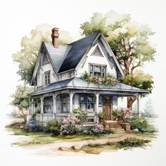 a watercolor painting of a house with flowers on the porch