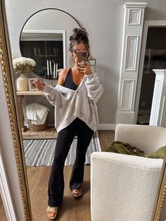 ✨ Ribbed Lounge Pants Outfit, Comfy Cozy Work Outfit, Jumpsuit With Sweater Over It, Fall Outfit Jumpsuit, Lounge Jumpsuit Outfit, Women Comfortable Outfits, Athletic Jumpsuit Outfit Winter, Comfy Brunch Outfit Winter, Comfy Cozy Winter Outfits