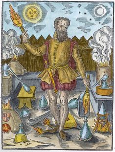 an illustration of a man with a long beard holding a torch in one hand and two other hands