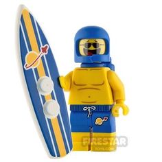 a lego man holding a surfboard and wearing sunglasses