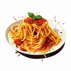 a plate of spaghetti with tomato sauce and basil leaves on top, ready to be eaten