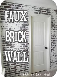 a brick wall with the words faux brick on it and an open door in front