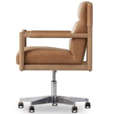 an office chair with wheels and leather upholstered on the back, viewed from the front