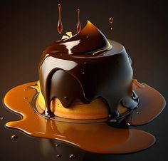 a chocolate cake with caramel sauce on top is shown in this 3d image,