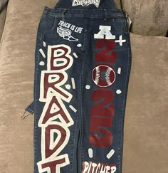 Please add your school name colors size and any hobbies. Homecoming Painted Jeans Ideas Diy, White Senior Overalls Ideas, Junior Pants Ideas, Football Jeans, Decorated Jeans School Spirit, Painted Spirit Jeans, Homecoming Spirit Jeans, Spirit Week Jeans, Spirit Pants