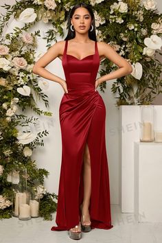 "Belle Solid Wrap Hem Satin Bridesmaid Dress": This prom dress for 2024 exudes elegance and sophistication. Crafted from luxurious satin fabric, its flattering wrap-style design and modern hem make it a timeless choice for any bridal party. Make a stunning statement on the big day with this impeccable and versatile bridesmaid dress. Rose Red Bridesmaid Dresses, Ruby Red Bridesmaid Dresses, Versatile Bridesmaid Dress, Open Back Evening Gown, Red Mermaid Prom Dress, Wine Colored Dresses, Satin Bridesmaid Dress, Prom Dresses Simple, Maid Of Honour Dresses