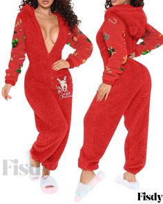 Fisdy - Mono con orejas 3D de diseño funcional y estampado gráfico de alta calidad con temática navideña Christmas Loungewear, Lounge Jumpsuit, Cutout Style, Snowflake Print, Chic Type, Feather Trim, Fleece Pajamas, Red Jumpsuit, Christmas Print