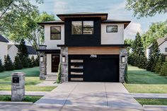 a two story house with black garage doors