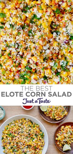 Top image: A close-up view of elote corn salad with Cotija cheese, cilantro and spices. Best Way To Freeze Corn, Elote Corn Salad, Mexican Corn Side Dish, Freezing Corn, Elote Corn, Corn Side Dish